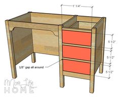 the plans for a desk with drawers are shown in three different sizes and colors, including red