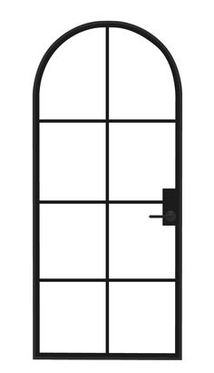 an arched window with glass and metal bars on the bottom, viewed from the outside