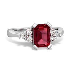 This ring features a large emerald cut lab ruby set in a sturdy 14K White Gold band, surrounded by {diamondcarats} that will surely delight. The timeless beauty of this classic ring will instantly make it a piece of jewelry that will be treasured forever. Luxury Elegant Lab-created Ruby Birthstone Ring, Luxury Gift Lab-created Ruby Ring, Luxury Yellow Gold Jewelry With Lab-created Ruby, Luxury Polished Lab-created Ruby Ring, Pink Sapphire Jewelry, Ruby Set, Citrine Jewelry, Tourmaline Jewelry, Garnet Jewelry