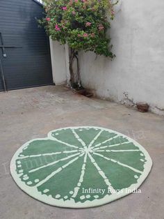 a green and white rug on the ground in front of a building with a potted plant