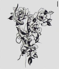 a black and white drawing of some flowers