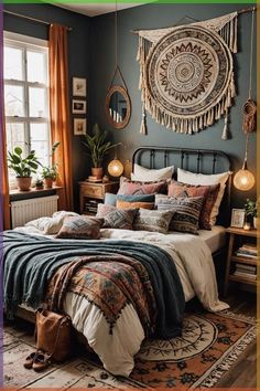 a bed room with a neatly made bed and lots of decorations on the wall above it