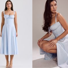 This Dress Is So Grogeous And Feminie. It's Cut From A Stretch Cotton-Rich Fabric In Soft Blue And Has A Corseted Bodice With A Beautiful Lace Up Back. The Gathered Bust Has A Drawstring Tie And The Side Split Adds A Little Sexiness To Reveal A Flash Of Leg. It's Fully Lined For Comfort And Zips To The Side For Easy On. The 'Regular' Cup Option Suits Cup Size A-C Whilst The 'Bigger' Cup Option Suits Cup Size D-E. Where To Wear: Pretty Date Nights, Garden Parties, Strolling The Farmer's Markets, Summer Maxi Dress With Fitted Bodice In Blue, Blue Maxi Dress With Fitted Bodice For Summer, Blue Midi Dress With Fitted Bodice For Summer, Carmen Dress House Of Cb, Jasmine Dress House Of Cb, House Of Cb Blue Dress, House Of Cb Sundress, Bustier Sundress, House Of Cb Casimira