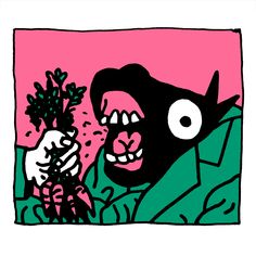 a drawing of a man holding a plant with his mouth wide open and teeth out