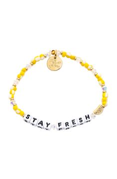 Embrace sunny weather with this Stay Fresh yellow beaded bracelet from Little Words Project! Embellished with a cheerful lemon charm, this stylish bracelet is sure to keep your spirits high all summer long! A little reminder to register your bracelet! When you've passed it on, you can track its journey to see who else it's inspired. • Plated brass hardware• Elastic stretch bracelet• Handle with care - do not wet• Prop 65 compliant• Due to the one-of-a-kind nature of the medium, exact colors and Yellow Beaded Bracelet, Little Words Project, Fresh Lemonade, Sunny Weather, Stylish Bracelet, Long A, Stay Fresh, Brass Hardware, Stretch Bracelet