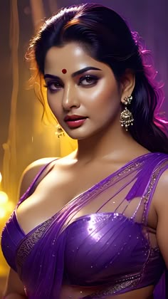 a woman in a purple sari posing for the camera