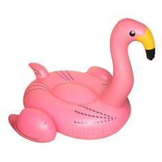 an inflatable pink flamingo float is shown on a white background and has a yellow beak