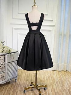 Lovely Simple Black Satin Knee Length Party Dress, Prom Dress