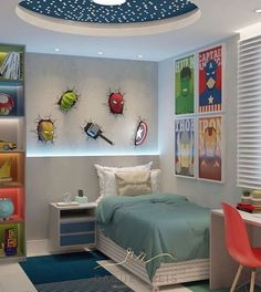 a child's bedroom decorated in blue and green