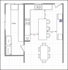 a kitchen floor plan with an island and dining area