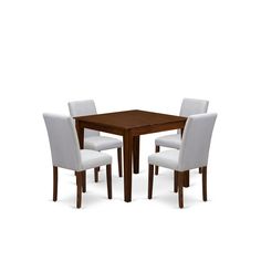 a wooden table with four white chairs around it on a white background in front of a white backdrop