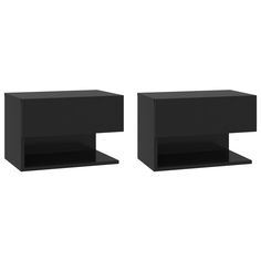 two black tables sitting side by side against a white background, one has an open shelf and the other is closed