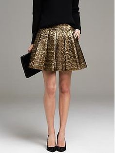 Gold Box Pleat Skirt | Banana Republic Gold Mini Skirt For Evening, Chic Gold Mini Skirt, Elegant Box Pleat Skirt For Party, Chic Gold Skirt For Fall, Gold Skirt For Spring Formal Occasion, Gold Skirt For Fall Night Out, Gold Skirt For Night Out In Fall, Elegant Gold Lined Skirt, Chic Metallic Skirt For Formal Occasions