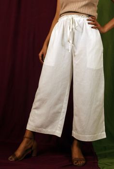 "Drawstrings custom made pant for women, Cream linen pant, Formal pants, Made to order, Plus size -Model height: 5'3\" wearing size S -Length: 33\" -Drawstring waist for adjustment -Fit: Comfortable Style these linen pants with casual tops or our tank tops. You would want to wear these everyday!" Loosely Fitted Harem Pants With Drawstring, Straight Harem Pants With Drawstring, Loosely Fitted Cotton Capris, Loosely Fitted Straight Harem Pants With Drawstring, White Bottoms With Drawstring And Loosely Fitted Hips, White Bottoms With Drawstring And Long Pants, White Drawstring Bottoms Loosely Fitted Hips, White Wide Leg Pants With Drawstring, White Straight Parachute Pants With Elastic Waistband