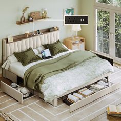 a bed with drawers underneath it in a bedroom