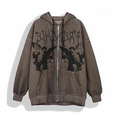 Step up your streetwear game with our Gothic Hoodie! This unique zip-up hoodie features an intricate, dark cherub design that adds an edgy twist to your everyday look. Made from high-quality, comfortable fabric, it offers both style and warmth, perfect for any season. The distressed brown color and detailed artwork make this hoodie a standout piece for those who love to mix vintage vibes with modern fashion. Embrace the fusion of art and attitude with this one-of-a-kind hoodie. Size guide Should Fete Emo, Grunge Sweatshirt, Punk Hoodie, Goth Tops, Grunge Jacket, Streetwear Coat, Winter Streetwear, Angel Print, Y2k Tops