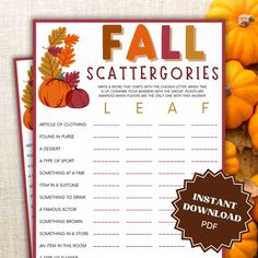 the fall scatterergories leaf printable is on top of some pumpkins