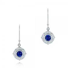 Vintage-Inspired Blue Sapphire and Diamond Earrings | Joseph Jewelry | Bellevue | Seattle | Online | Designers of Fine Custom Jewelry Elegant Blue Diamond Earrings With Pave Setting, White Gold Sapphire Earrings With Pave Setting, Elegant Blue Gia Certified Diamond Earrings, Classic Blue Platinum Earrings, Elegant Blue Round Cut Diamond Earrings, Formal Blue Pave Set Earrings, Blue Pave Set Earrings For Formal Occasions, Classic Blue Diamond Drop Earrings, Blue Diamond Earrings With Pave Setting