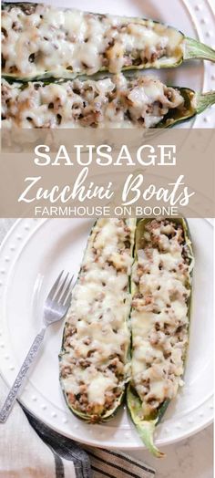 sausage zucchini boats on a white plate