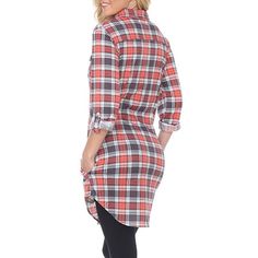 This White Mark Piper women's plaid long-sleeve tunic top is a chic style staple to mix in with your cold-weather looks. Made from a smooth knit, this long shirt has roll-tab sleeves, a point collar, and multiple pockets. Wear it over leggings or skinny-fit jeans with ankle boots. Features: Stretch FabricFit: Regular FitNeckline: Collar NeckPockets: 2 Front Slip Pockets, 2 Chest Button PocketsSleeve Length: Long SleeveSleeve Style: Roll Tab SleeveApparel Length: 37 InchesFiber Content: 100% Poly Spring Long Sleeve Plaid Work Dress, Spring Plaid Long Sleeve Dress For Work, Spring Long Sleeve Plaid Dress For Work, Long Sleeve Plaid Dress For Daywear, Long Sleeve Plaid Tops For Daywear, Long Sleeve Flannel Shirt For Fall Casual Gatherings, Long Sleeve Plaid Dress For Work, Plaid Long Sleeve Dress For Daywear, Long Sleeve Plaid Dress For Fall Daywear