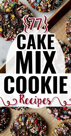 chocolate cake mix cookies with sprinkles on top and the title overlay