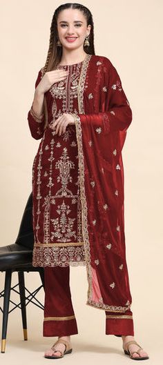 Red and Maroon color Salwar Kameez in Faux Georgette fabric with Embroidered, Resham, Thread work Red Georgette Lehenga With Dabka Detail, Red Georgette Lehenga With Dabka, Red Traditional Wear With Dabka For Reception, Red Anarkali Set With Dabka For Reception, Red Kurta With Dabka Work For Reception, Red Churidar For Diwali Reception, Red Churidar For Reception At Diwali, Red Churidar For Reception During Diwali, Red Churidar With Zari Work For Reception