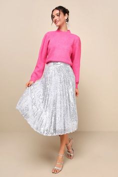 Glam Silver Sequin Skirt - Pleated Midi Skirt - Pleated Sequin - Lulus Silver Skirt Outfit, Silver Skirt Outfits, Pleated Skirt And Sweater, Silver Midi Skirt, Silver Sequin Skirt, Skirt And Sweater, Sparkly Skirt, Silver Skirt, Unique Skirts