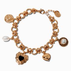 Claire's Gold-tone Heart Charm Bracelet Gold-tone Metal Jewelry With Logo Charm, Gold-tone Metal Bracelets With Logo Charm, Black Metal Jewelry With Logo Charm, Gold Metal Bracelets With Removable Charms, Adjustable Gold Charm Bracelet With Vintage Charm, Adjustable Gold Vintage Charm Bracelet, Gold Dangle Heart Charm Bracelet, Gold Dangle Charm Bracelet With Heart Charm, Gold-tone Metal Charms With Dangling Details