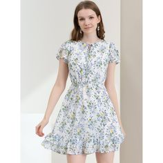 A casual, cute look is made easily with this mini dress in a flattering elastic-waist design with flowy ruffled sleeves. This pretty chiffon dress is designed with double-layered ruffle sleeves and a-line skirt, with cute floral prints throughout and a playful ruffled hem. Perfect for shopping and casual occasions. Pair it with sandals, heels, or pretty accessories for a perfect look on spring days. Vintage Floral Shirt, Short Sleeve Floral Dress, Ruffle Fabric, Floral Chiffon Dress, Mini Sundress, Floral Shirt Dress, Pink Floral Dress, White Floral Dress, Mini Skater Dress