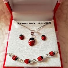 Cute!! Great Gift For Any Little Girl. Sterling Silver Ladybug Jewelry Set. Necklace, Earrings And Bracelet. Necklace Is 15" Bracelet Is 6" Pierced Ear Post Earrings. Comes In A Cute Little Gift Box. Will Be Listing More Childrens Jewelry! Make A Bundle!! Red Adjustable Round Jewelry Sets, Adjustable Sterling Silver Jewelry Sets For Gifts, Handmade Silver Jewelry Set As Gift, Red Sterling Silver Jewelry Sets As Gifts, Ladybug Jewelry, Minnie Mouse Earrings, Mickey Mouse Earrings, Kids Accessories Jewelry, Unicorn Necklace