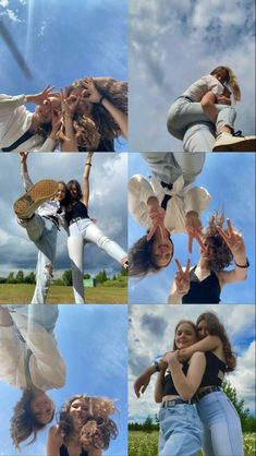 four different pictures of two women and one man posing for the camera with their hands in the air