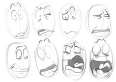 six different faces drawn in the style of cartoon characters, each with different facial expressions