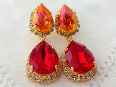 Deep red and Orange pink Swarovski Chandelier earrings, Bridal earrings, Dangle earrings, Orange Red Ruby Chandelier Earrings For Wedding, Red Chandelier Earrings As Gift, Elegant Orange Chandelier Earrings For Gift, Elegant Orange Chandelier Earrings Gift, Ruby Earrings For Valentine's Day Wedding, Red Teardrop Chandelier Earrings For Formal Occasions, Red Teardrop Chandelier Earrings As Gift, Red Ruby Dangle Chandelier Earrings, Red Drop Crystal Earrings As Gift