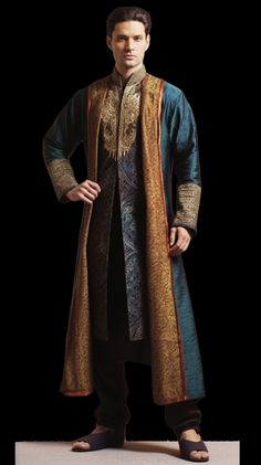 Moroccan Outfit Men, Medieval Indian Clothing, Motif Soutache, Wizard Fashion, Biblical Clothing, Wizard Costume, Gold Work Embroidery, Medieval Clothing, Fantasy Clothing