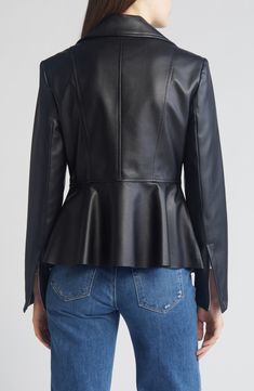 This sleek faux-leather jacket is designed is a tailored zip-front silhouette with a flouncy peplum. 24 1/2" length Front zip closure Notched lapels Side zip closure Partially lined 100% polyurethane Spot clean Imported Leather Peplum Tops, Leather Peplum, Faux Leather Moto Jacket, Faux Leather Jacket, Leather Moto, Leather Moto Jacket, Notched Collar, Faux Leather Jackets, Everyday Wardrobe