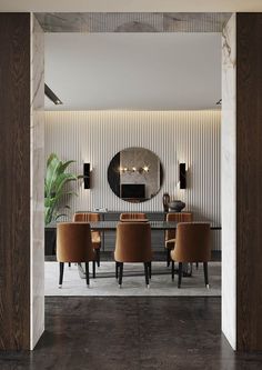 an elegant dining room with marble walls and flooring