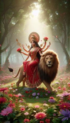 a woman sitting on top of a lion in the middle of a forest filled with flowers