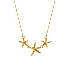 "14k Solid Yellow Gold Starfish Necklace. Measures 18\" long. center starfish measures approx 3/4\" in diameter, side starfish measures approx 1/2\" in diameter. High Polish finish." Yellow Gold Starfish Jewelry In Ocean-inspired Style, Yellow Gold Starfish Ocean-inspired Jewelry, Ocean-inspired Starfish Yellow Gold Jewelry, Gold Starfish Necklace With Lobster Clasp, Yellow Gold Star Necklaces With Starfish Charm, Gold Starfish Charm Jewelry, Starfish Necklace Gold, Summer Necklaces, Nautical Necklace