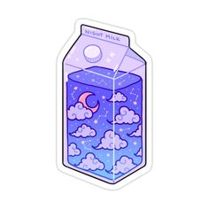 a sticker with an image of a milk carton filled with clouds and stars