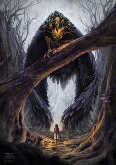 a person standing in the middle of a forest with an enormous monster like creature on it's back