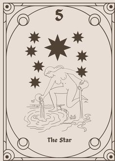 the star tarot card is shown in black and white, with stars above it