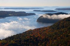 an aerial view of the lake surrounded by trees in fall colors and foggy skies