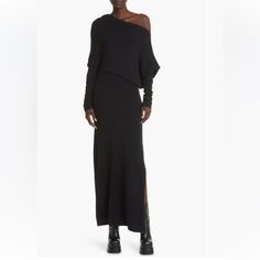 P2p 20" Asymmetrical Sleeves Long Asymmetrical Waist 12"- 16" Elastic Bend Stretchable Length 58" Side Split 15" Hips 18" A One-Shoulder Silhouette Brings Edgy Allure To This Long-Sleeve Sweater-Dress Knit From Supersoft Cashmere Yarn 59" Length (Size X-Small) Slips On Over Head One-Shoulder Neck Long Sleeves Side Slits Unlined 100% Cashmere Dry Clean Or Hand Wash, Dry Flat Imported Modern Black Asymmetrical Dress With Asymmetrical Neckline, Black Asymmetrical Dress For Formal Occasions, Modern Black Asymmetrical Evening Dress, Chic Black Asymmetrical Dress, Modern Black Asymmetrical Dress, Elegant Black Asymmetrical Dress For Fall, Black Asymmetrical Dress For Fall, Asymmetrical Midi Dress, Tunic Shirt Dress