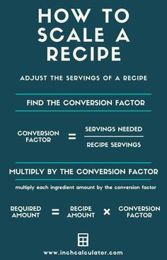 the instructions for how to scale a recipe on a blue background with white lettering and black font