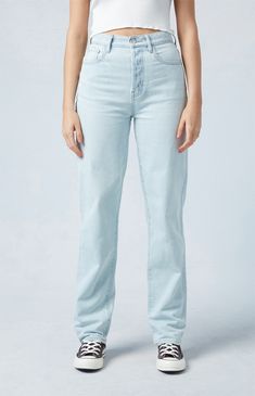 Take on the weekend in total comfort this season with PacSun's Light Blue Dad Jeans. These ultra-comfy jeans have a high-waisted design and a flattering straight-leg fit that's roomy through the hip and thigh. Demin Jeans, Jeans Female, Jeans Pacsun, Comfy Jeans, Pacsun Jeans, Dad Jeans, Shop Light, Me Now, High Waisted Shorts