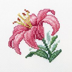 a pink flower with green leaves is shown on a white background in this cross stitch pattern