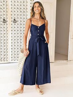 Women's Summer Spaghetti Straps V Neck Smocked Wide Leg Jumpsuits Rompers With Belt Wide Leg Jumpsuits, Summer Spaghetti, V Neck Wedding Dress, Jumpsuit Fashion, Sleeveless Shirt, Wide Leg Jumpsuit, Summer Women, Smocking, Spaghetti Strap