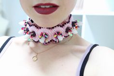 Big bold pastel goth chunky beaded necklace, harajuku style jewelry gift idea for fashion addict people. The main colors of choker are light pink and purple. Choker is adjustable on the back. 2017 wearable art jewelry collection. Choker was made with: Natural White Jade Point Beads. Glass crystal beads. Seed beads. Colorful flakes. Vegan leather. Velvet cloth. 2017 COLLECTION FREE SHIPPING. We offer fast shipping. Europe 1 - 2 days after dispatch. Word wide 2 - 5 days after dispatch. CUSTOM ORDE Pink Choker Jewelry For Festival, Pink Bohemian Choker For Party, Pink Beaded Festival Choker Necklace, Pink Beaded Choker For Festivals, Unique Pink Beaded Necklace For Party, Pearl Ankle Bracelet, Purple Choker, Beach Wedding Jewelry, Velvet Cloth