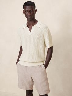 Giorgio Linen-Cotton Sweater Polo | Banana Republic Stylish Men Summer, Sweater Polo, Johnny Collar, Retro Sweater, Spring Sweater, John Varvatos, Mens Spring, Fashion Lookbook, Mens Polo Shirts