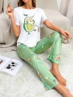 Cotton Pants For Summer Pajama Party, Green Sleepwear Sets For Summer, Green Sleep Sets For Summer, Green Sleepwear For Summer Pajama Party, Green Summer Sleepwear For Pajama Party, Casual Summer Pajama Party Sets, Casual Pants For Summer Pajama Party, Summer Cotton Sleepwear Wide Leg, Wide Leg Cotton Sleepwear For Summer